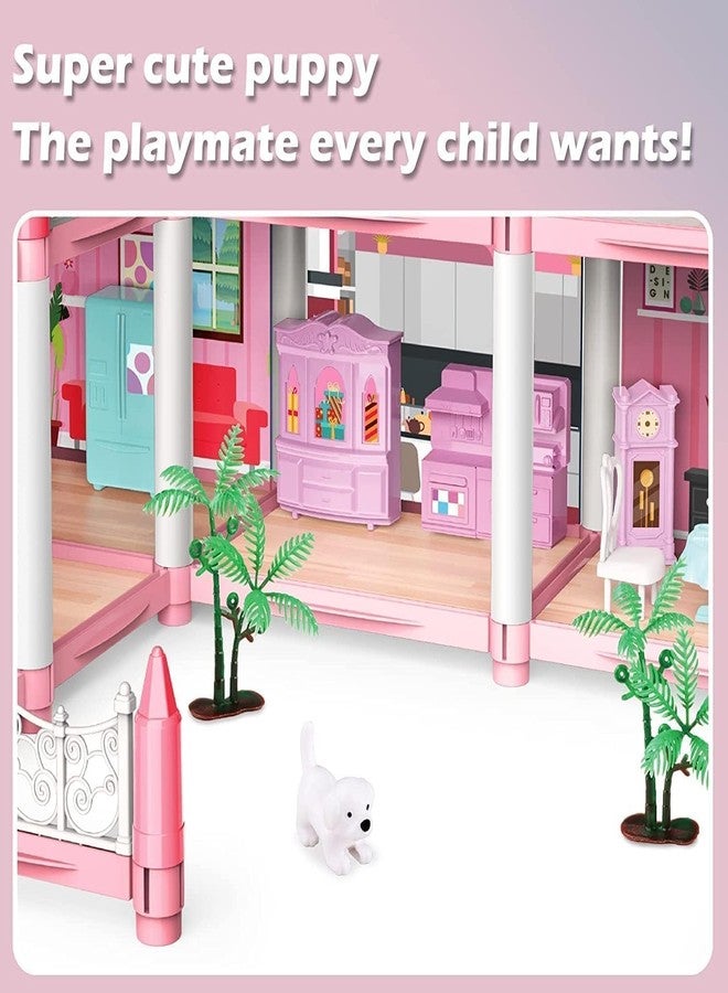 Daji Doll House Building Toys with Lights to Assemble Kitchen, Bedroom, Furniture, Garden, Dolls, Pets, Pink Play Dream House for Girls, Girls Toddler DIY Ideas Gifts - Image 3